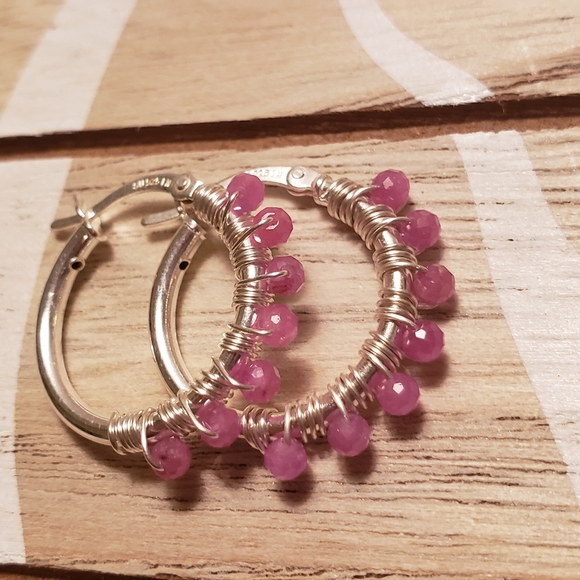 ♥️Pink Sapphire Hoop Earrings 925 Sterling Silver - Picture 1 of 7